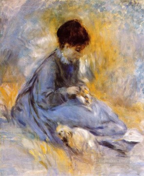 Pierre Auguste Renoir Painting - Mujer joven con un perro Pierre Auguste Renoir